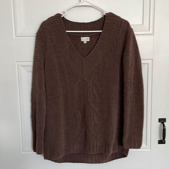 TSE Soft Brown V-neck Cable Sweater - Picture 1 of 6